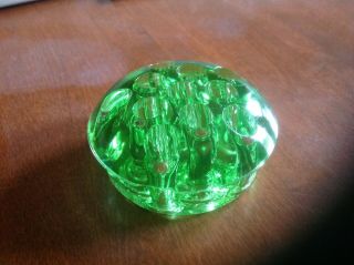 VINTAGE GREEN GLASS 11 HOLE ROUND FLOWER FROG 2
