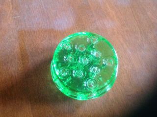 VINTAGE GREEN GLASS 11 HOLE ROUND FLOWER FROG 3