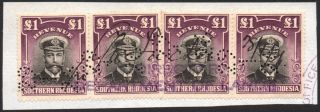 Southern Rhodesia Revenue 1924 £1 Purple & Black X4 On Piece,  Barefoot 4