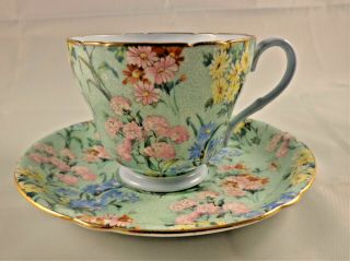 Green Flowered Chintz Shelley Teacup And Saucer