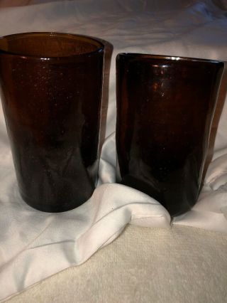 Vintage Amber Set Of 2 Hand Blown Bubble Art Glass Tumblers Glasses (l)