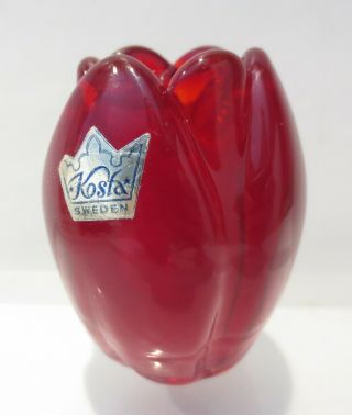 Vintage Kosta Sweden Red Glass Tulip Flower Candlestick Holder Mcm Tag