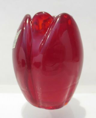 Vintage KOSTA Sweden Red Glass Tulip Flower Candlestick Holder MCM Tag 3