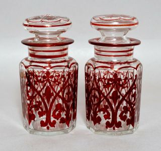 Attractive Pair Antique Victorian Bohemian Glass Ladies Dressing Table Jars