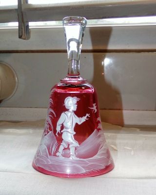 Vintage Fenton Cranberry Glass Mary Gregory Painted Bell W Clear Handle