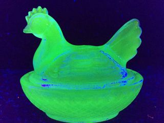 Blue Vaseline Glass Hen Chicken On Nest Basket Candy Dish Cobalt Uranium Egg Art