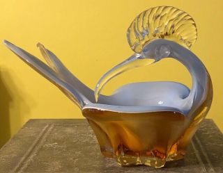 Vintage Murano Art Glass Bird Bowl/dish Amber Blue Clear 6”x9”x6”