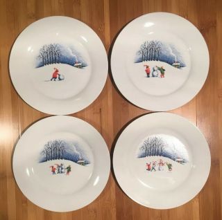 4 Pc Set Of Livingquarters 2002 Christmas Village Snowman 8 " Salad Plates