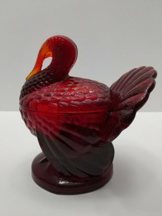 Vintage Le Smith Red Amberina Turkey Candy Dish Bowl W/ Lid