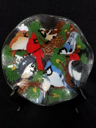 Peggy Karr Fused Art Glass Bowl With Various Birds - Signed 8 "