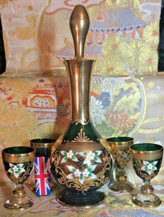 Antique Venetian ? Bohemian Green Glass Decanter Set With 4 Glasses