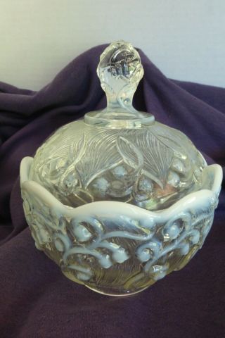 Vtg Fenton Clear Opalescent Lily Of The Valley Covered Candy Dish / Us