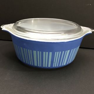 Pyrex Blue Stripe Barcode Casserole 472 1 1/2 Pint Baking Dish Glass Lid 1966