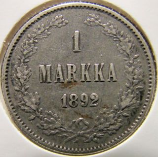 1 Markka 1892 L Silver Finland/russia Km 3.  2 Emperor Alexander Iii Old Coin