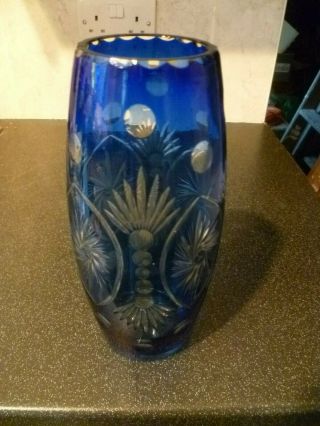 Vintage Bohemian Czech Flash Cut Blue Art Glass Vase