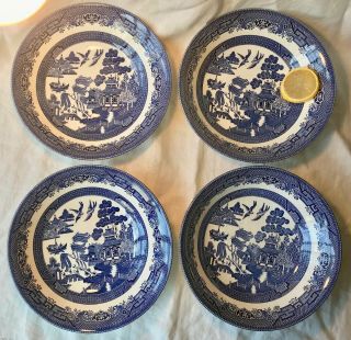 Churchill Blue Willow Set Of 4 Soup Bowls Staffordshire England 8.  75 "