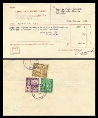 Malta 1960,  Bank Document With 3 Postage Stamps As Revenues.  E506