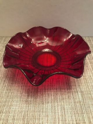 Vintage Ruby Red Glass Candy Dish Ruffled Rim 8 Inches Across