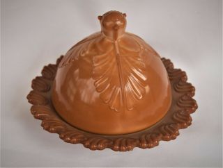 Antique Vtg Greentown Chocolate Slag Leaf Bracket Covered Butter Cheese Dish