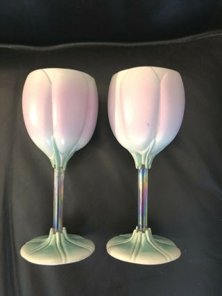 Newman Ceramic Wine Glass Tulip Iridescent Stem Signed