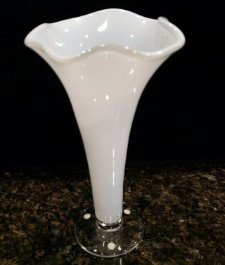 Vintage Opaque White Orrefors Vase Sweden 7 1/2 " Clear Base Ruffle Edge Signed