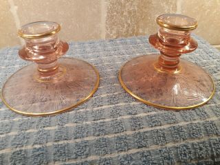 Vintage Pink Glass Candle Holders With Etched Design - No Chips Or Crack