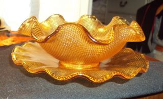 Carnival Glass Marigold Embossed Design Crimped Edge Bowl & Under Plate