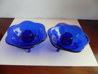 2 Vintage Fostoria Cobalt Blue " Regal Blue Candle Holders Six Sides N239