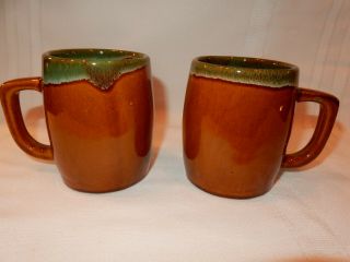 Van Briggle Mugs,  Pair,  Honey Gold With Green Drip Over Glaze,  Perfect