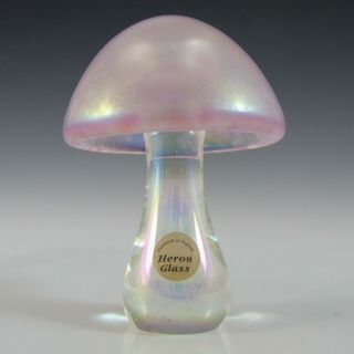 Labelled Heron Glass Pink Iridescent Mushroom Paperweight