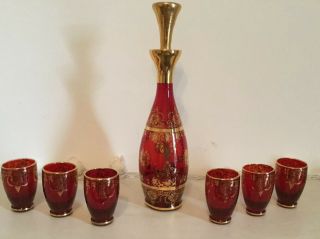 Vintage Venetian Decanter And 6 Matching Glasses - Ruby Red & Gold Gilt