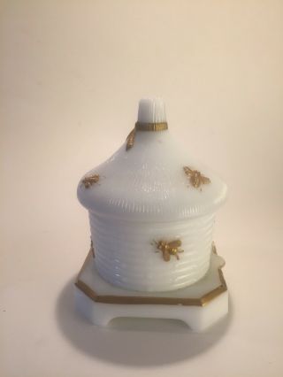 Vintage Imperial White Milk Glass Bee Hive Honey Pot Covered Jar Dish