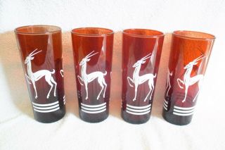 4 Vintage Fire King Royal Ruby Red Gazelle Design 6.  5 " Tall Iced Tea Glasses - Aa,