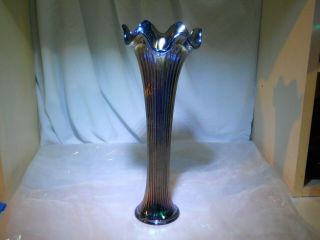 Antique Fenton Carnival Glass " Fine Rib " Vase Electric Blue Iridescent 12 " Fine