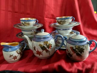 Vintage Blue Luster Tea Set 6 Desert 6 Cups & Saucers Teapot Sugar Bowl Creamer