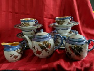 Vintage Blue Luster Tea Set 6 Desert 6 Cups & Saucers Teapot Sugar Bowl Creamer 2