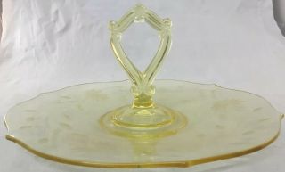 Vintage Yellow Depression Glass Serving Tray Plate With Center Handle