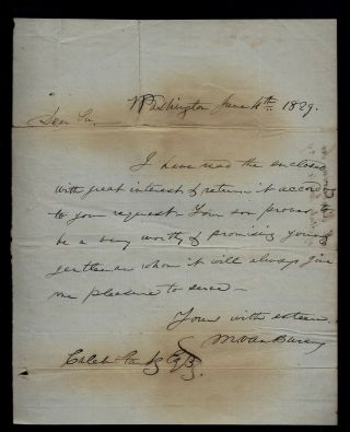 1829 Washington Dc Letter Signed By Martin Van Buren To Hampshire Senator