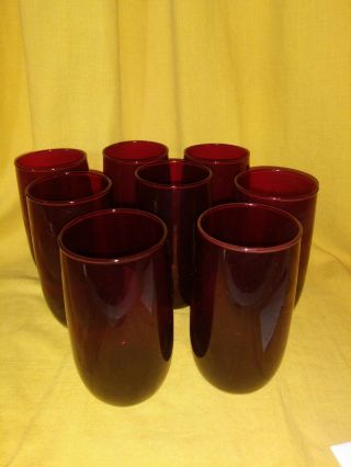 8 Vintage Ruby Red 12 Oz Drinking Glasses 5 " Tall
