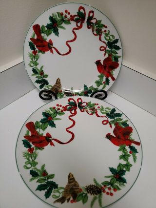 Set Of 5 Royal Norfolk Christmas Red Cardinal Holly And Ribbon 10 " Dinner Plates