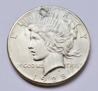 Key Date 1928 - P U.  S.  Peace Silver Dollar Extra Fine - Plugged Hole