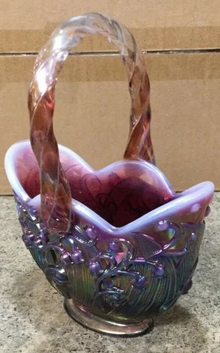 Perfect Fenton Plum Opalescent Lily Of The Valley Basket 8 "