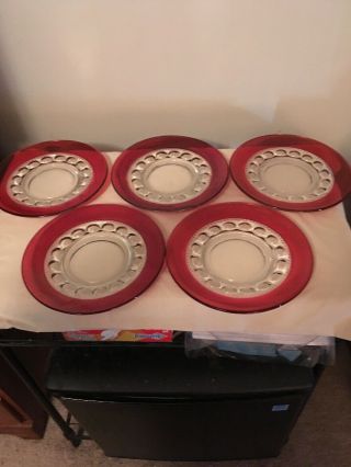 Five Kings Crown Thumbprint Ruby Red Flash 4 3/8 Salad Plates Indiana Glass