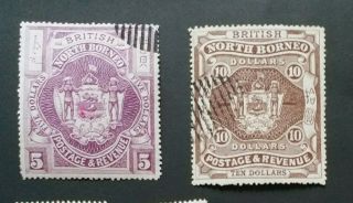 North Borneo 1889 $5 $10 Sg 49 50 Sc 48 49 Cto
