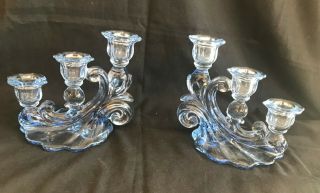 Pair Vintage Cambridge Glass Caprice Moonlight Blue Candelabras