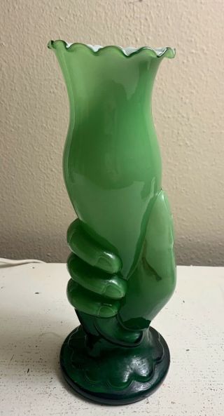 Vintage 1930’s Hand Holding Green Glass Vase 8 1/2”