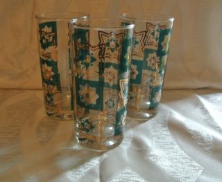 3 Vtg Mid - Century Turquoise Teal Aqua Gold Drinking Glasses Juice Beer Barware