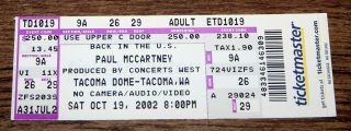 Paul Mccartney Back In The Us October 19 2002 Tacoma Dome Washington Ticket