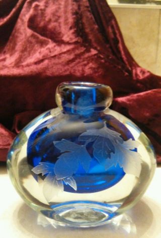 Vintage Hand Blown Glass Blue Cobalt Vase / Paperweight Etched And Signed.