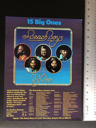 The Beach Boys 11x14” Album Release “15 Big Ones” W/tour Dates & Tv Ad